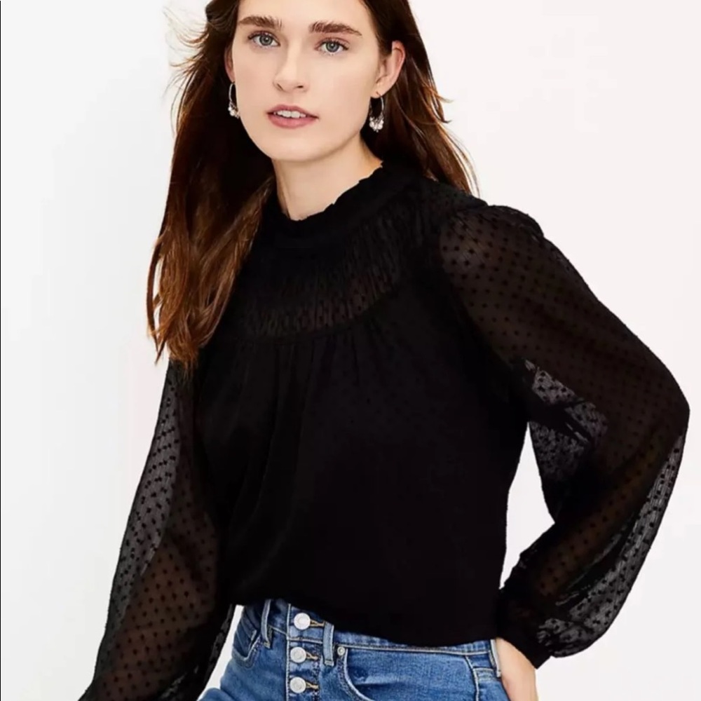 Loft clip shirred ruffle neck blouse